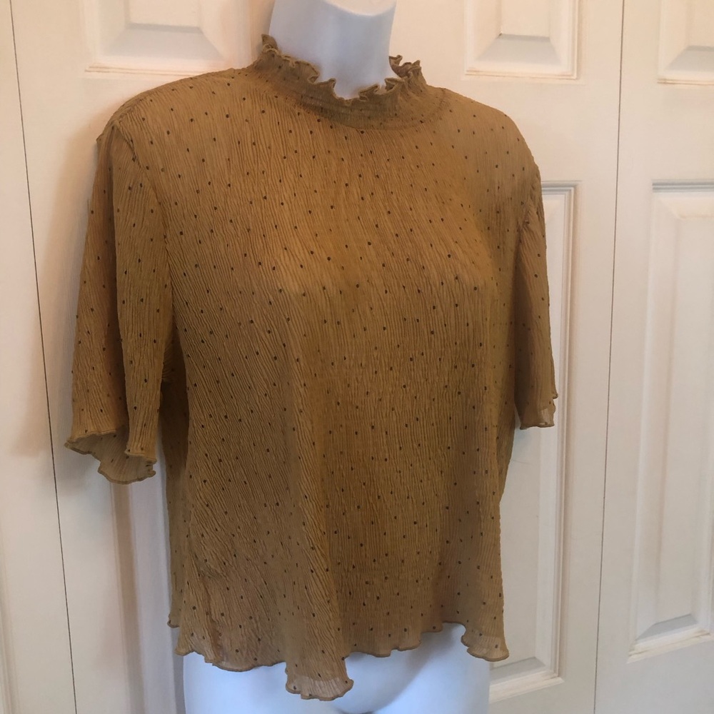Lush Mustard Ruffled Mock Neck Short Sleeve Blouse